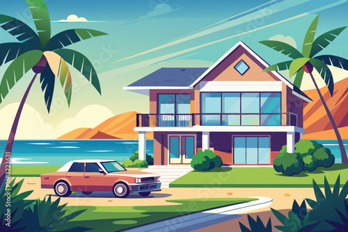 A vibrant and cheerful illustration of a beautiful beachside house, perfect for showcasing a vacation getaway or a luxury property.