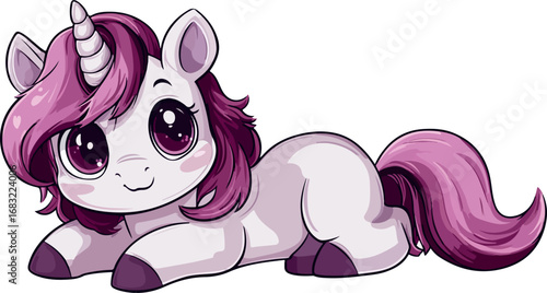 Adorable chibi unicorn with big eyes and pink mane lying down playfully