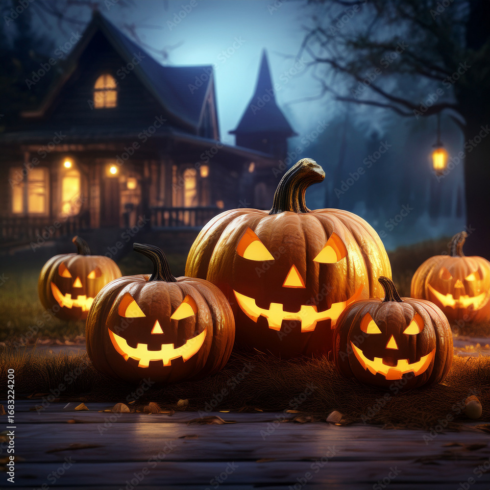 Fototapeta premium Pumpkins with scary Halloween faces on a haunted house background