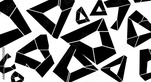 A modern black and white background with scattered abstract triangular shapes. The geometric forms are fragmented, creating a futuristic, crystalline pattern.