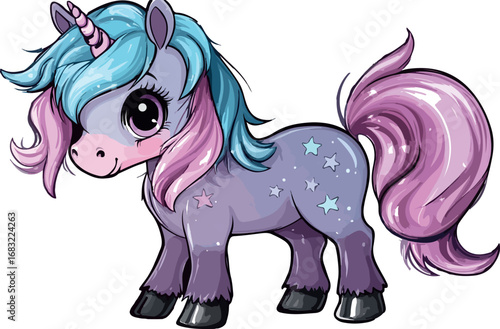 Adorable cartoon unicorn with sparkling purple body and flowing pink and blue mane and tail