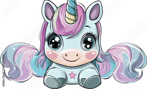 Adorable kawaii unicorn with big eyes and pastel rainbow mane and tail