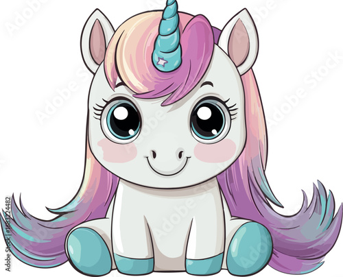 Adorable cartoon baby unicorn with big eyes and flowing rainbow mane sitting and smiling