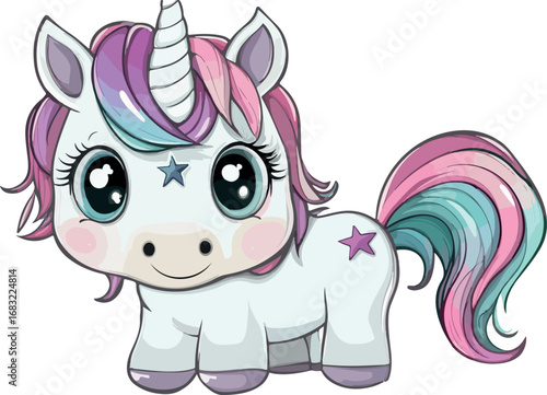 Adorable kawaii baby unicorn with rainbow mane and tail and star markings