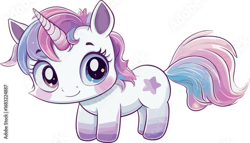 Adorable cartoon unicorn with rainbow mane and tail on white background