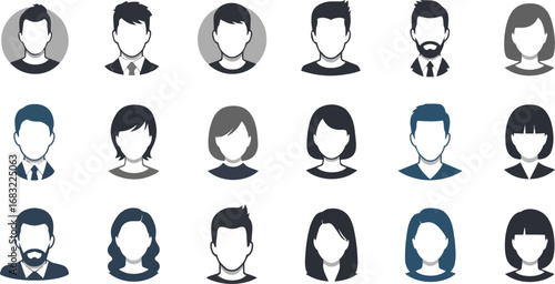 Create a kinds of deferent Avatar icons. Man, woman portrait, male and female heads. Social media anonymous user profile icon, people no faces, faceless flat silhouette characters minimal set vector .