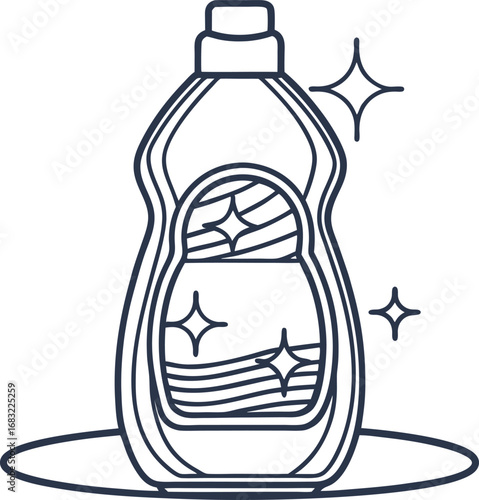 Dish soap bottle with sparkling clean effect household cleaning liquid, hygiene maintenance concept, isolated outline icon
