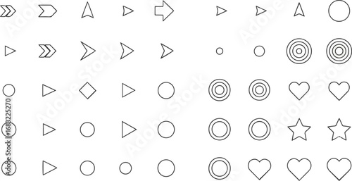 Create a kinds of deferent Bullet points. Minimalistic bullet point icons with arrows, dots and star, heart shapes. Vector set for UI UX design, web development, presentations and Vector art.