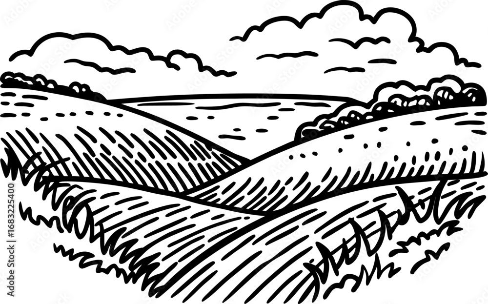 Fototapeta premium Rolling hills landscape illustration, black and white sketch countryside scene with fields, grass, and clouds