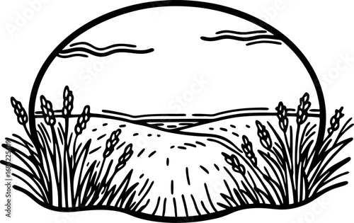 Serene countryside landscape in black and white wheat fields, rural horizon, peaceful nature, farmland sunrise illustration