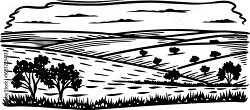 Rural farmland landscape illustration rolling hills, trees, and grass in black line art countryside scene