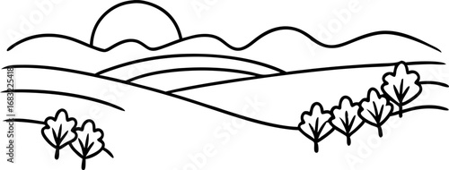 Minimalist landscape with sun rising over hills, simple countryside scene, trees silhouette, nature outline art