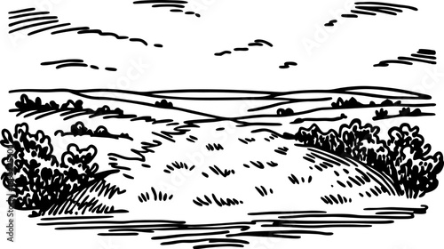 Rolling countryside field illustration with open horizon hand drawn black and white rural landscape with bushes and clouds