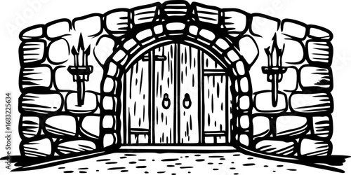 Medieval stone gate with wooden doors and torches fortress entry, ancient castle architecture illustration