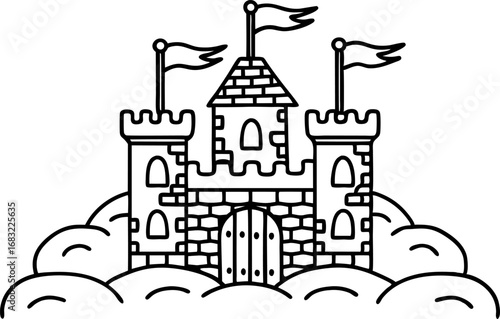 Fairy tale castle outline with towers, flags, and stone walls among clouds fantasy fortress illustration