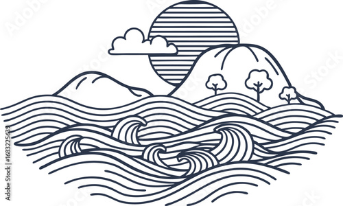 Abstract line art seascape with waves, mountains, trees, sun, and clouds minimalist nature landscape illustration