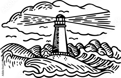 Lighthouse on rocky shore with waves and clouds guiding beacon, coastal safety, nautical navigation illustration