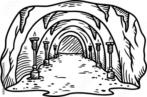Ancient underground tunnel passage with torches hand drawn cave corridor, historic stone archway illustration