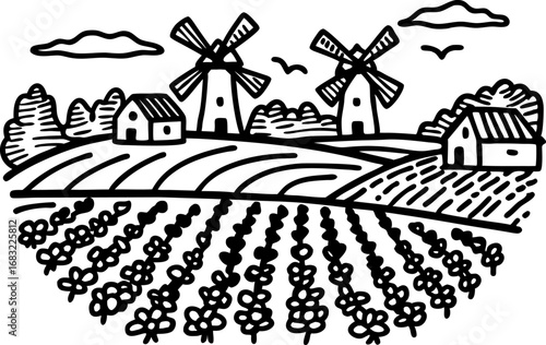 Traditional windmills on rural farmland landscape hand drawn countryside scene with fields, barns, nature