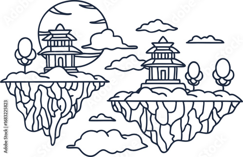 Floating ancient temples with mountains and clouds traditional asian architecture, fantasy landscape, outline