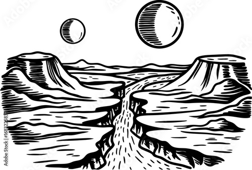 Alien canyon landscape with twin plateaus and two moons in sky surreal extraterrestrial desert scenery illustration