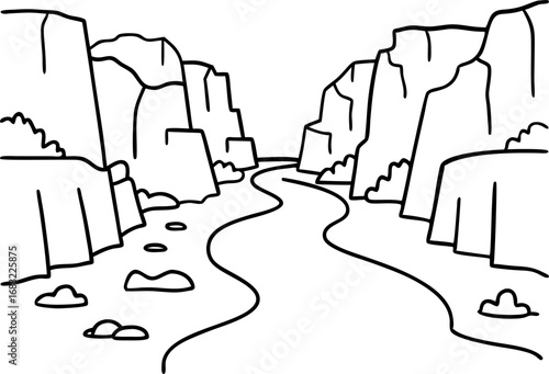 Winding river between rocky canyon cliffs simple landscape outline, natural scenery with stones, riverbanks, sparse vegetation