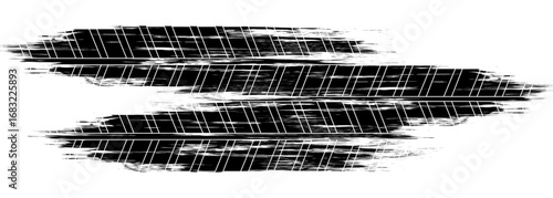 Tire tread marks, wheel textures, tire marks - car racing, motocross, drift, rally, off-road and others. Vector black isolated texture in grunge style with splashes.eps10