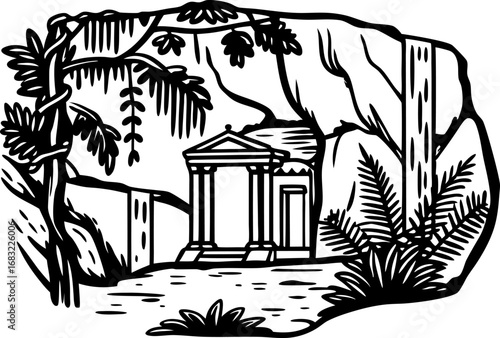Ancient stone temple in cave surrounded by wild plants and cliffs mysterious historical sanctuary illustration