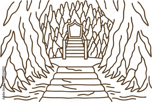 Regal throne inside mysterious cave, surrounded by jagged rock formations and winding staircase, fantasy adventure concept