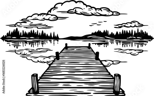 Wooden pier extending into calm lake with distant forest and cloud filled sky, peaceful nature landscape illustration