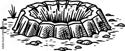 Illustration of a large rocky crater pit on ground geological impact depression, black and white sketch