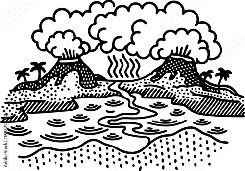 Volcano islands erupting with smoke black and white line art landscape, lava flow, tropical terrain and palm trees