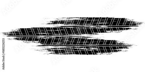 Tire tread marks, wheel textures, tire marks - car racing, motocross, drift, rally, off-road and others. Vector black isolated texture in grunge style with splashes.eps10