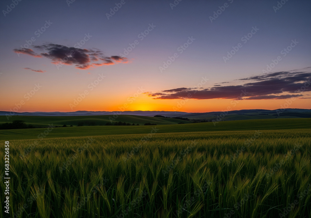 Fototapeta premium Golden hour illuminates rolling green fields under a dramatic sunset sky with wispy clouds