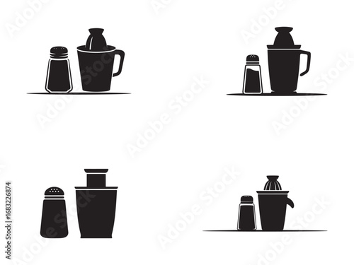 Simple black and white silhouette of kitchen utensils, salt and pepper shakers, juicer, and cocktail shaker.