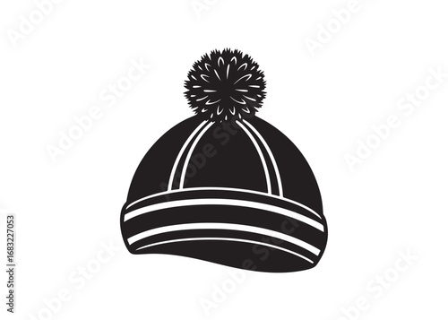Bobble hat silhouette vector illustration, winter beanie icon design isolated on white background.