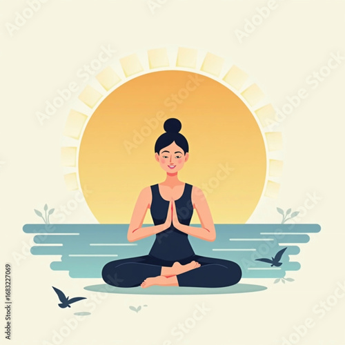 Mindfulness at Dawn: A serene illustration shows a woman practicing yoga with hands joined in prayer, embodying tranquility against the backdrop of a sunrise.