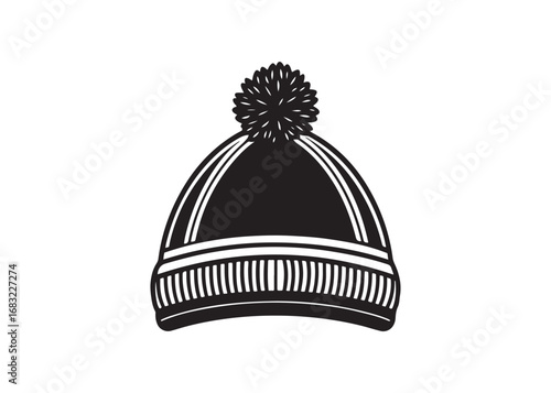 Winter beanie silhouette icon, bobble hat vector design for seasonal fashion and cold weather clothing.