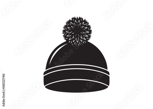 Bobble beanie silhouette black vector design, winter woolen hat icon isolated on white.