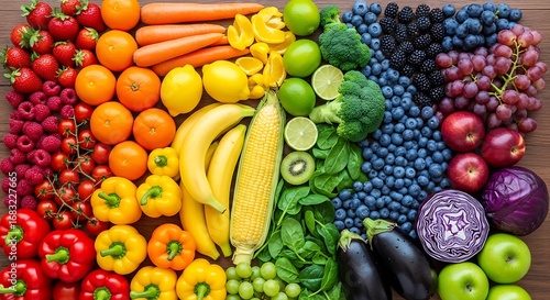 Colorful array of fresh fruits and vegetables in rainbow arrangement