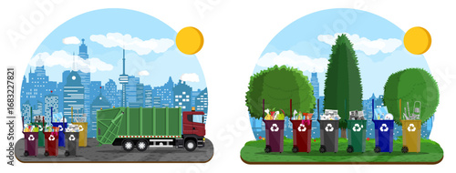 A garbage truck and recycling bins with trash in city. Waste management and separate waste collection concept. Urban environment.