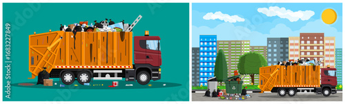 Garbage truck full of waste and dumpster near residential buildings. Ecology pollution problem, trash waste management, recycling concept.