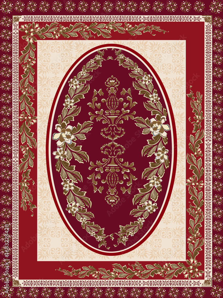 Obraz premium Hand-drawn vector carpet design featuring an elegant oval floral frame with classic ornamental patterns. Perfect for interior decoration, textile design, and luxury home decor projects
