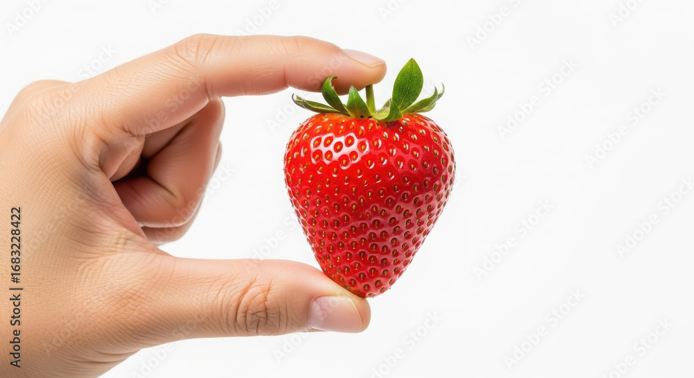 Obraz premium Hand holding a fresh, ripe strawberry with vibrant red color and green leaves against a clean white background, showcasing the fruit's natural beauty and freshness