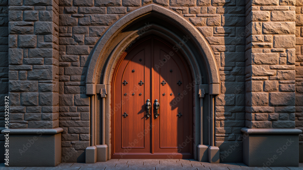 Fototapeta premium Grand entrance featuring large wooden door with intricate metalwork, set against textured stone wall. warm light casts shadows, enhancing