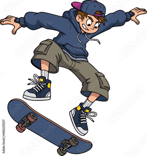 Cartoon boy skateboarding in mid air trick, street style animated character