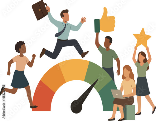 A colorful illustration depicting a team of diverse individuals celebrating success and achievement. The scene features a person in a suit leaping over a gauge, symbolizing progress. Others are engage