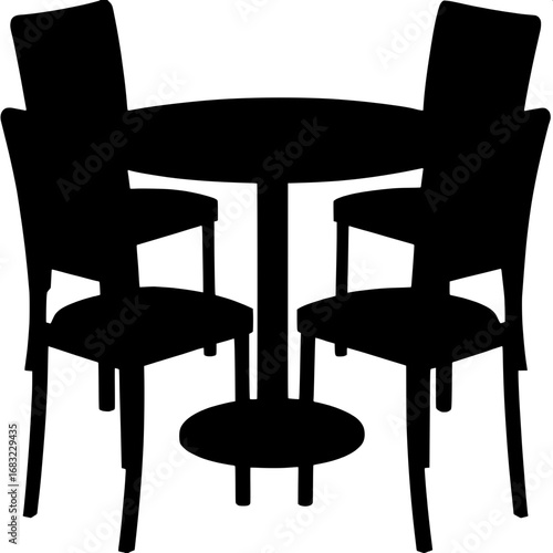 "Minimalist black silhouette furniture set featuring modern dining chairs and a sleek round table on a white background."