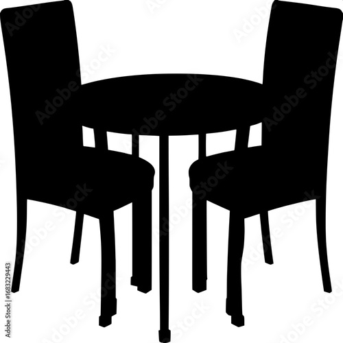 "Minimalist black silhouette furniture set featuring modern dining chairs and a sleek round table on a white background."