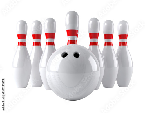 Bowling Pins and Ball: A detailed studio shot depicts a classic bowling scene featuring a white ball positioned directly in front of a carefully arranged set of bowling pins, ready for action.